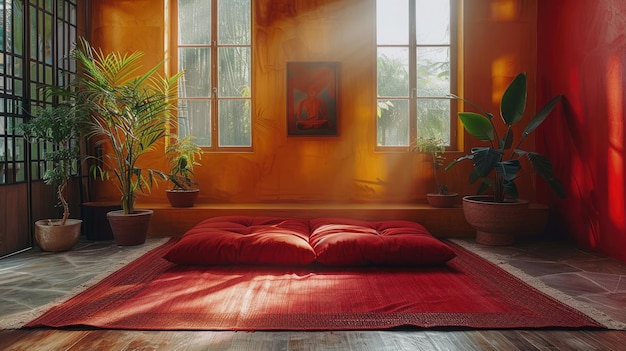 Foto rustige meditatiehoek in een kunststudio omringd door inspirerende werken en rustige vaste kleur achtergrond 4k ultra hd