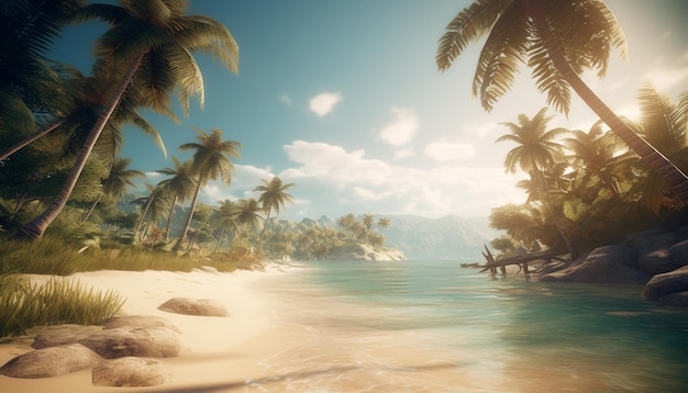 Rustige, met palmen omzoomde turquoise wateren aan de kust en gouden zonsondergangen lonken vakantiegangers gegenereerd door kunstmatige intelligentie