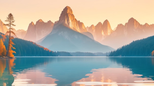 Foto rustige ochtend bij fusine lake landschap tekening