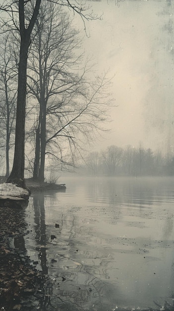 Rustige ochtend op een visserijplaats aan het meer met mist die van het water opkomt