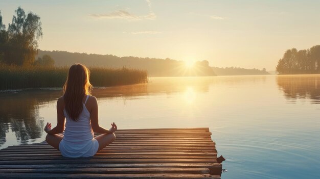 Rustige ochtendmeditatie aan het meer jonge vrouw buiten op de pier welzijn