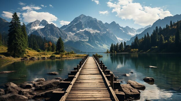 Rustige Retreat Lake Pier met bergachtergrond