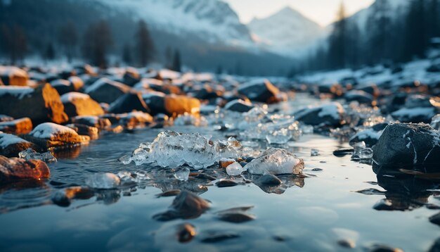 Foto rustige scène bergtop reflecteert in bevroren blauw stromend water gegenereerd door ai