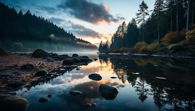 Rustige scène bergtop weerspiegelt in serene blauwe vijver gegenereerd door kunstmatige intelligentie