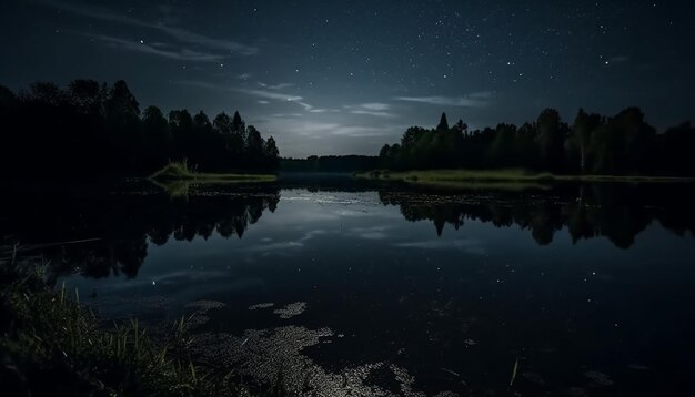 Foto rustige scène van een donker bos met een blauwe reflectie gegenereerd door kunstmatige intelligentie