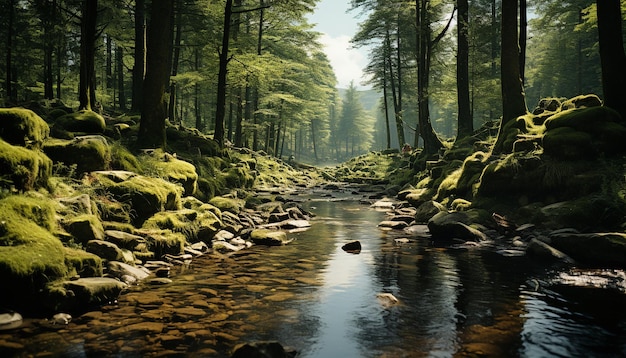 Foto rustige scène van een nat bos, groene bladeren en stromend water gegenereerd door kunstmatige intelligentie