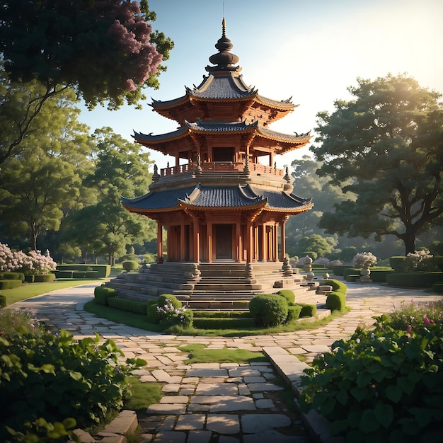 Rustige scène van een oude pagode in een formele tuin gegenereerd door AI
