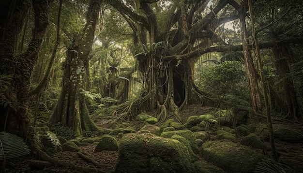 Rustige scène van oude regenwoud groene schoonheid gegenereerd door AI