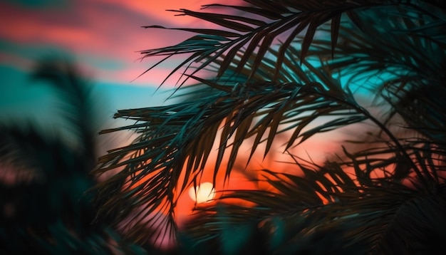 Rustige schemerige palmboomsilhouetten tegen levendige oranje zonsondergang gegenereerd door kunstmatige intelligentie