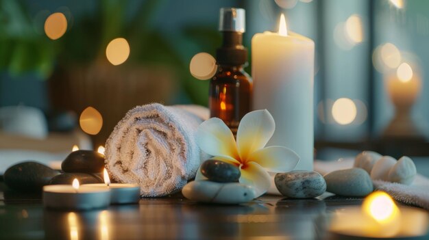 Rustige spa omgeving met kaarsen massage olie handdoek en plumeria bloemen