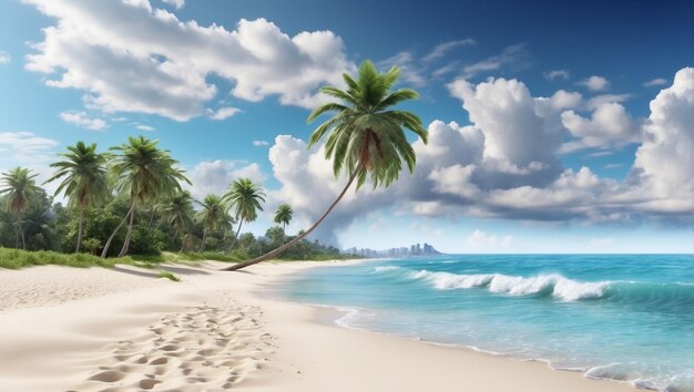 Rustige strandvakantie Palmbomen Oceaangolven en serene hemel