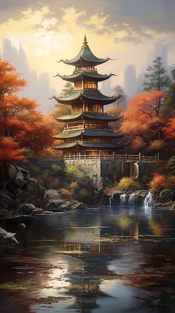 Rustige tempel met een warm geïllustreerd uitzicht op het meer