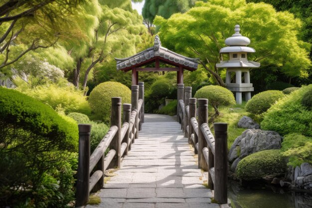 Rustige tuin met Japanse pagode en houten brug gemaakt met generatieve ai