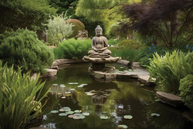 Rustige tuin met meditatieve sculptuur en serene vijver gecreëerd met generatieve ai