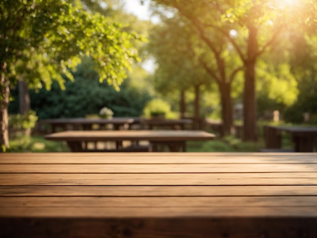 Foto rustige tuinomgeving en zonnige achtergrond en houten tafel met productdisplay sjabloon