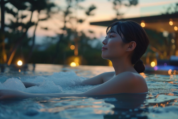 Rustige Twilight Scene Aziatische vrouw geniet van een spa hot tub