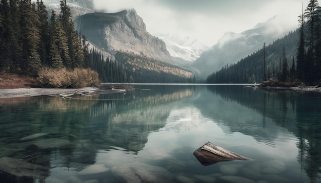 Rustige weerspiegeling van majestueuze berg in Moraine Lake gegenereerd door AI