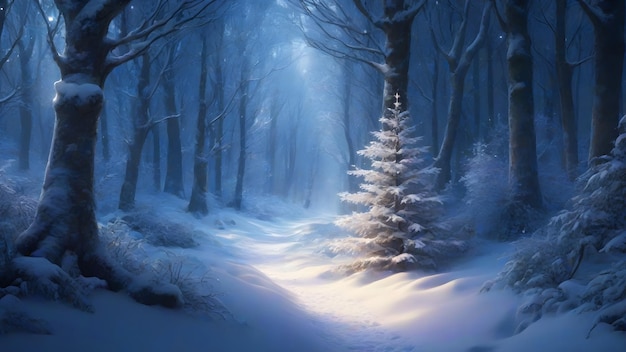 Foto rustige winterlandschap bevroren bomen in sneeuwbos in een vreedzame omgeving