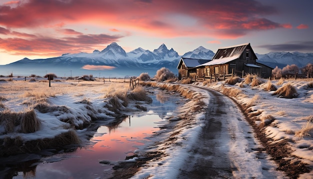 Foto rustige winterlandschap sneeuwbedekte bergen bevroren meer majestueuze zonsondergang gegenereerd door ai