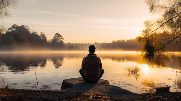 Rustige yoga- en meditatie-sessie bij een rustig meer bij zonsopgang