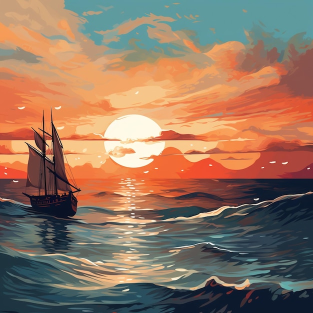 Rustige zee bij zonsondergang met een groot zeilschip