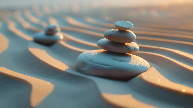 Rustige zen stenen op golvende woestijnzand bij zonsondergang vreedzame ontspannende minimalistische afbeelding voor rustige meditatie en evenwicht concept AI