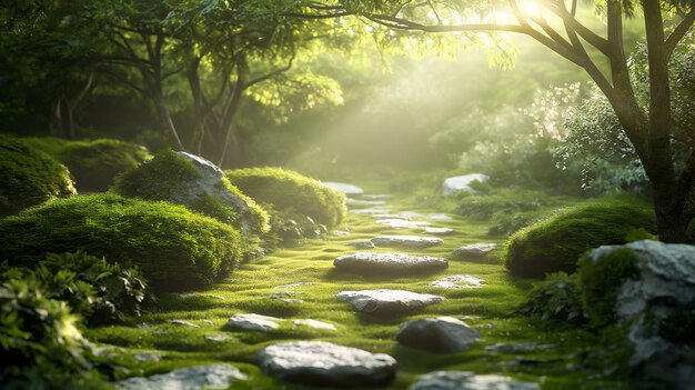 Rustige Zen-tuinscene zonlicht filtert door de takken en werpt gevlekte schaduwen op nauwkeurig gerangschikte rotsen en met mos bedekte paden