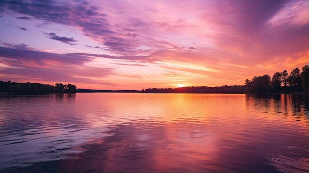 Rustige zonsondergang boven een kalm meer met tinten paars en goud