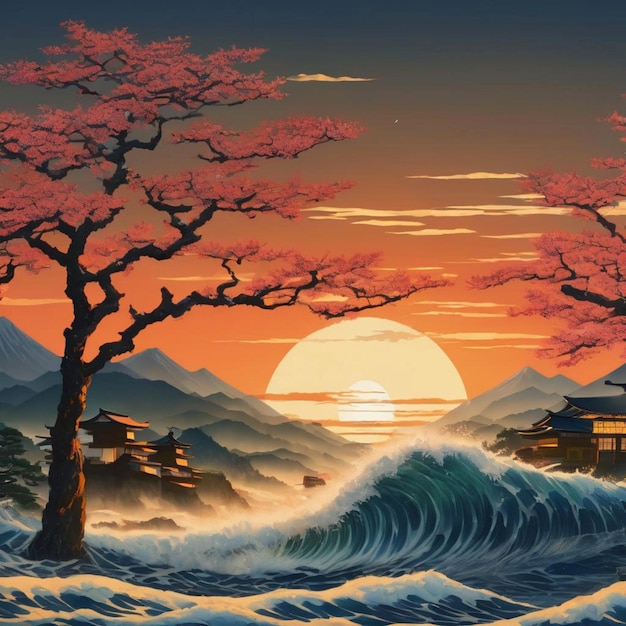 Rustige zonsondergang met Japanse pagode en golven