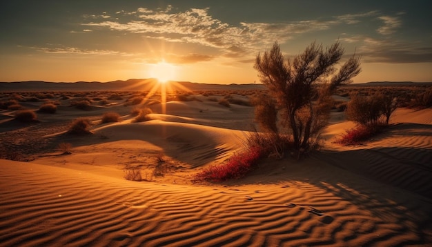 Rustige zonsondergang over majestueuze zandduinen in dor Afrika gegenereerd door AI