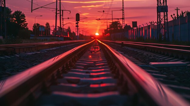 Rustige zonsondergang over spoorlijnen met levendige kleuren