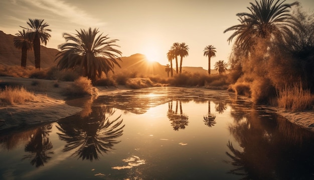 Rustige zonsondergang over tropisch palmboomlandschap gegenereerd door ai