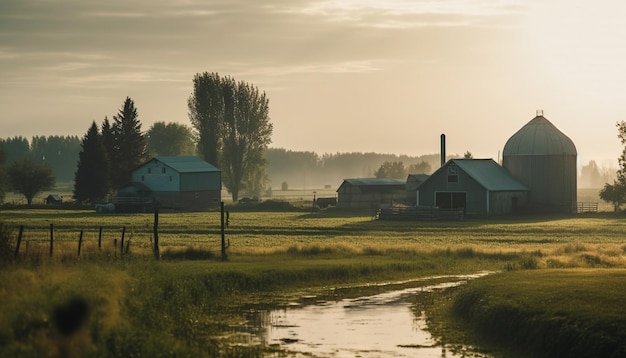 Rustige zonsondergang over verlaten boerderijsilo gegenereerd door AI