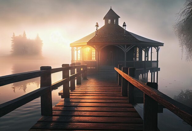 Rustige zonsopgang boven een houten structuur op het water op een mistige ochtend Generatieve ai