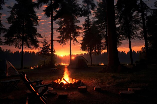 Foto rustige zonsopgang op een afgelegen boscamping met een gloeiend kampvuur