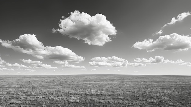 Rustige zwart-witte landschap met groen gras onder blauwe lucht Generatieve AI