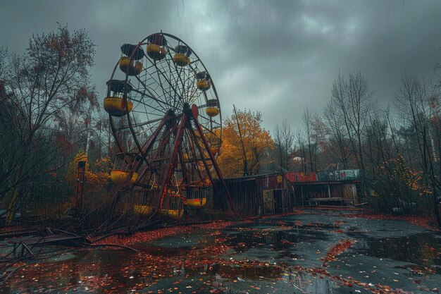 Rusting Ferris Wheel Against a Gloomy Sky