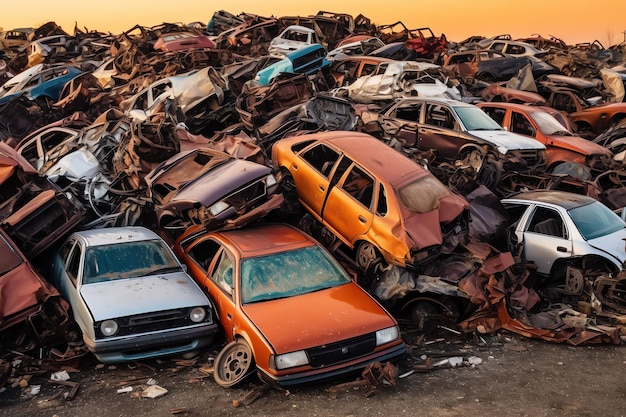 버려진 자동차 폐기물을 재활용하기 위해 폐차장에서 환경 오염으로 녹슨 오래된 폐차