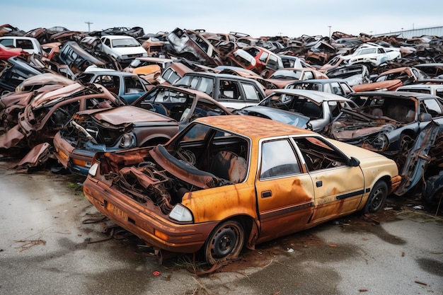 Rusting old junk cars with environment pollution in junkyard for recycling Abandoned car waste