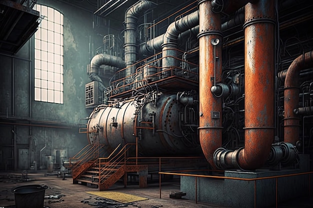 Rusting parts and pipelines in modern factory interior design with equipment