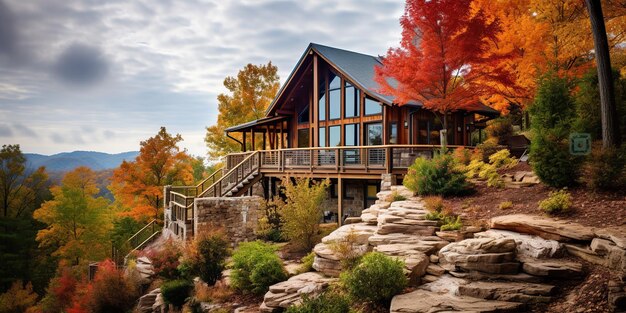 Rustoic rural modern house hotel cabin in the mountains in fall season nature outdooe background