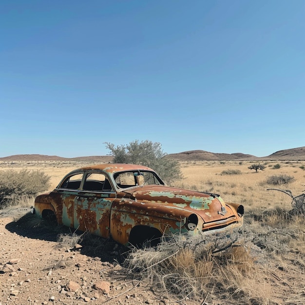 A rusty abandoned car in the desert near Aus in southern Namibia