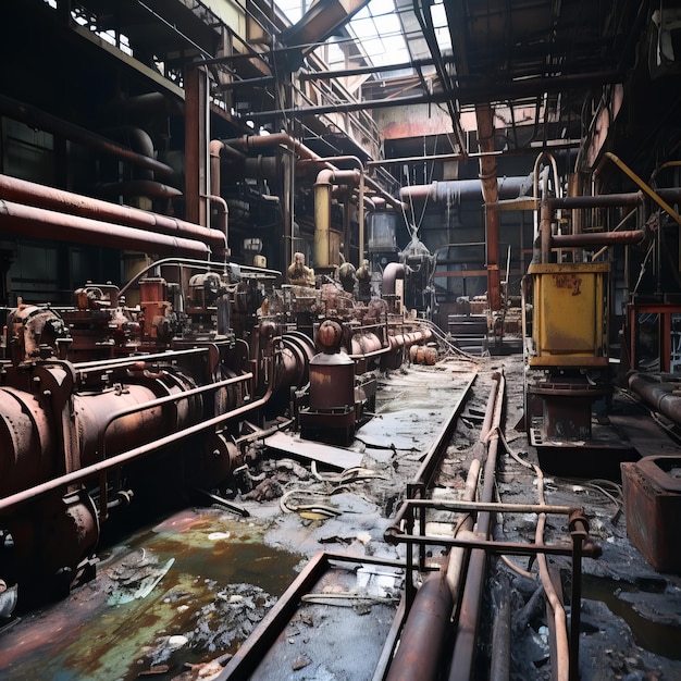 Rusty abandoned factory building interior with broken machines