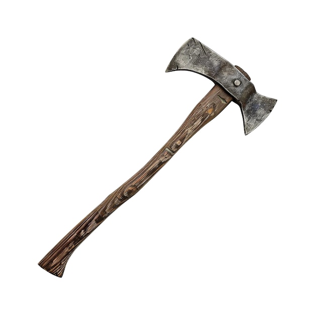 a rusty axe with a wooden handle isolated on white background