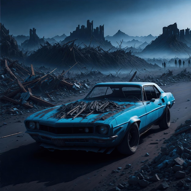 The rusty blue Chevrolet Camaro abandoned on a deserted highway