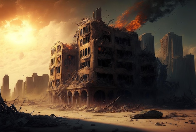 Ржавые здания и заброшенный город сгорели в бушующем аду, когда была представлена идея войны.