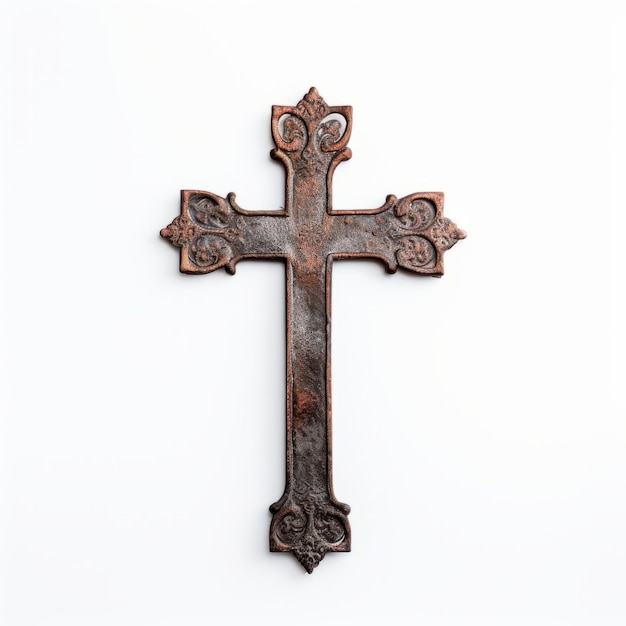 Photo rusty cross pin on white background