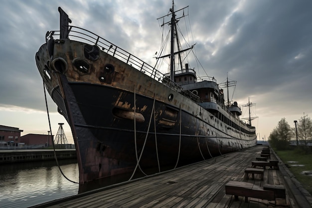 Rusty decommissioned marine ship that was left on the shore The ship in the port is waiting for repair or scrapping Ship graveyard Restoration and repair of the ship