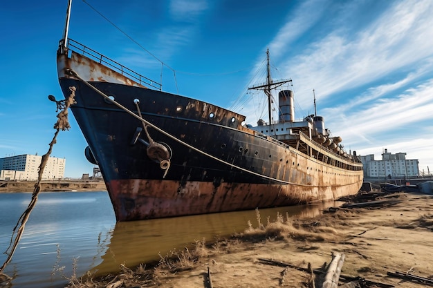 Ржавый списанный морской корабль, оставленный на берегу Корабль в порту ждет ремонта или сдачи на слом Кладбище кораблей Восстановление и ремонт корабля