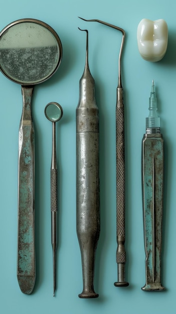 Rusty dental tools with a tooth